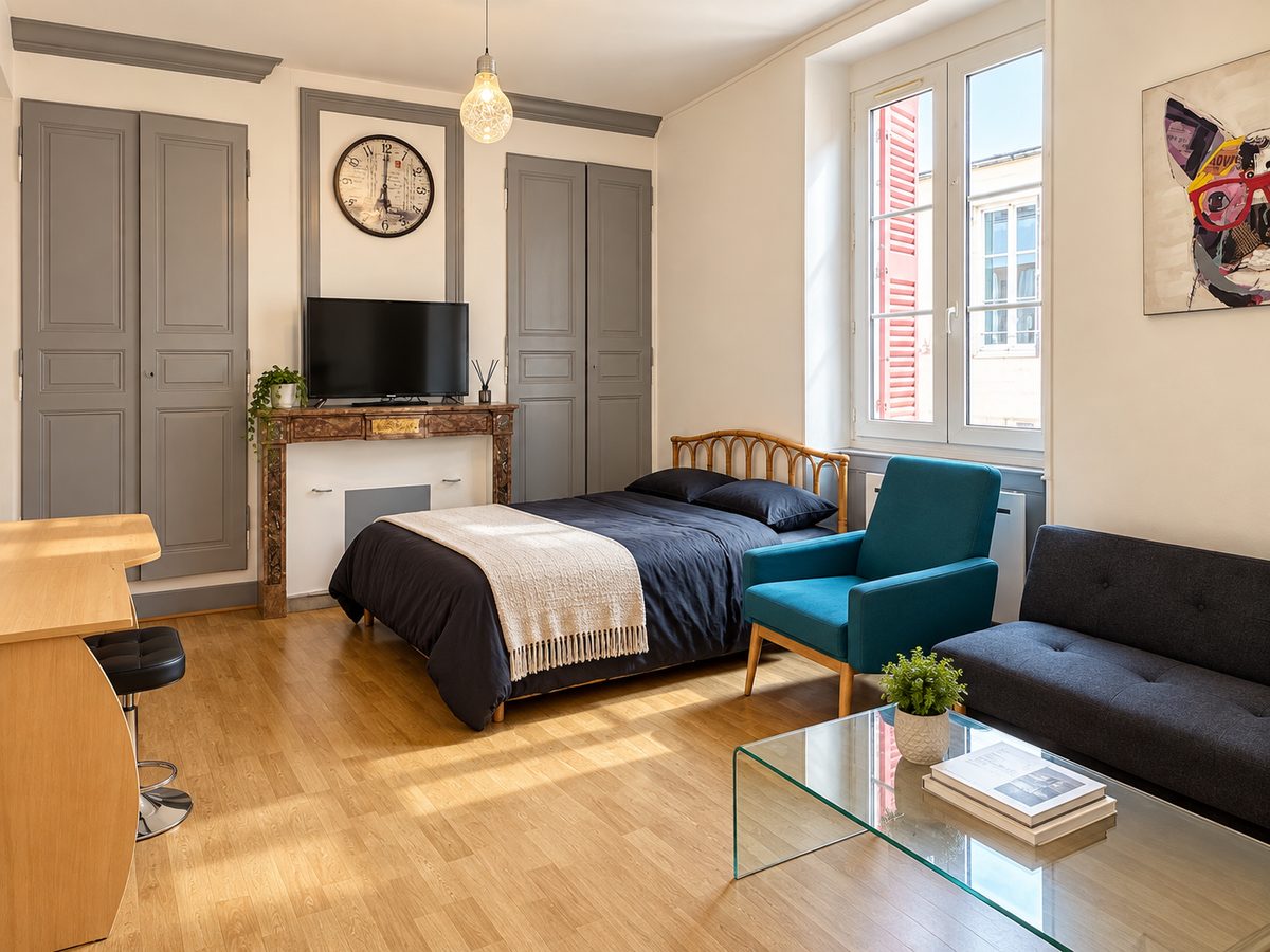 Séjour meublé avec lit double et rangements